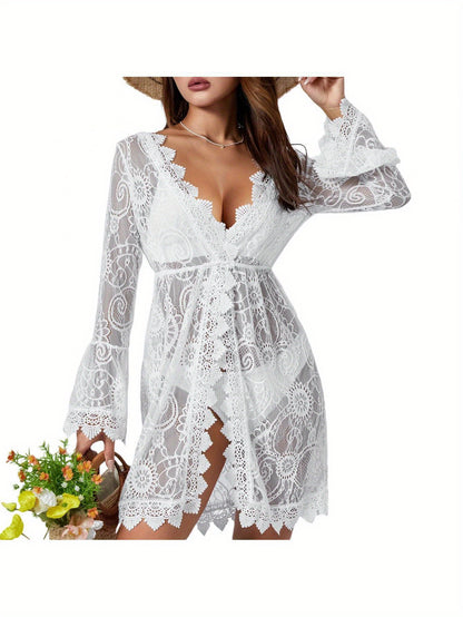 Women's Solid Color Sheer Beach Cover-Up - Casual Vacation Style, Split Long Sleeves - Perfect for Summer & Beach Wear MyFave Boutique