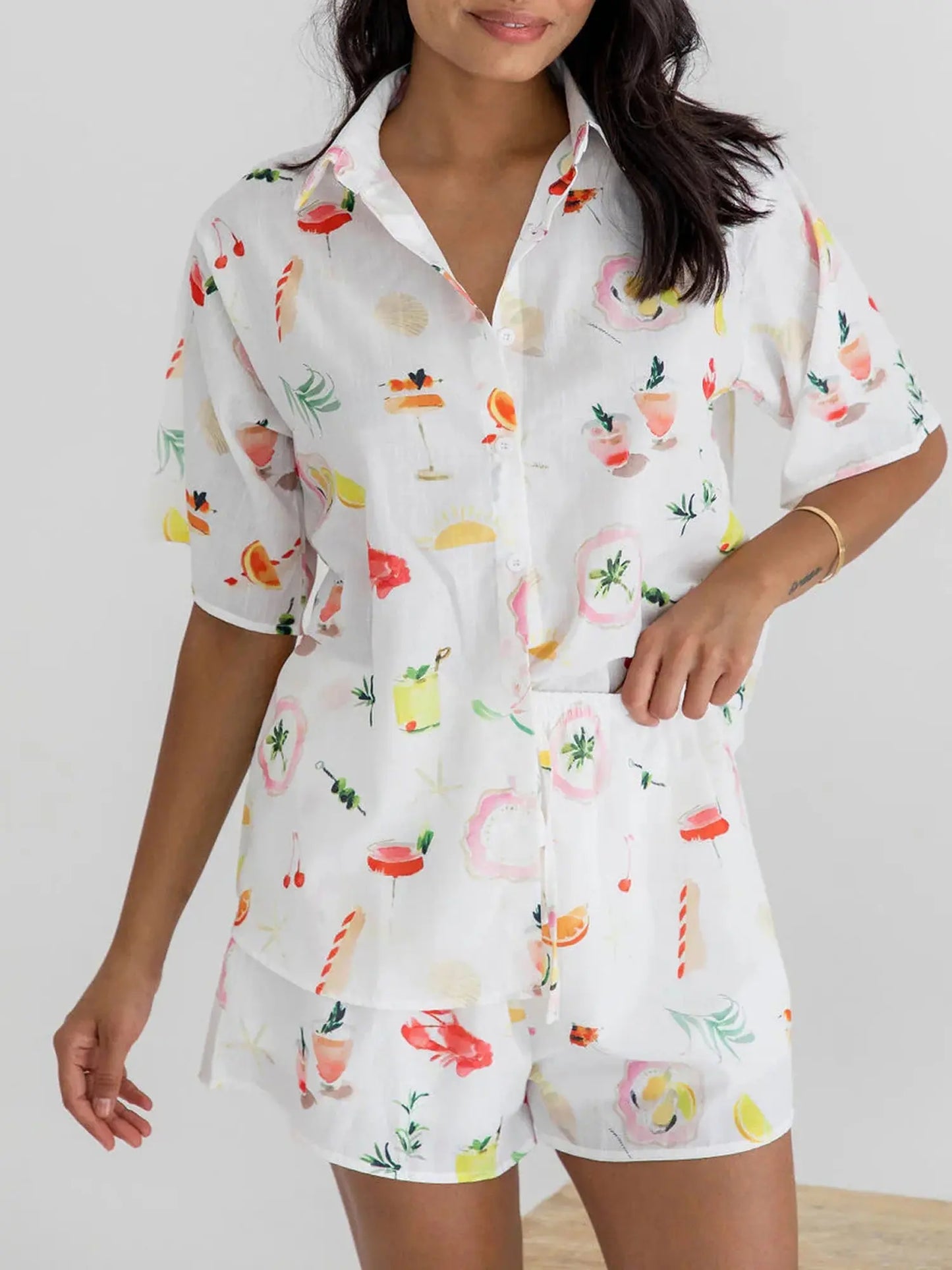 Summer Women's Fruit Print Short Sleeve,2-Piece, Button Down Tops with Shorts Beach Set MyFave Boutique