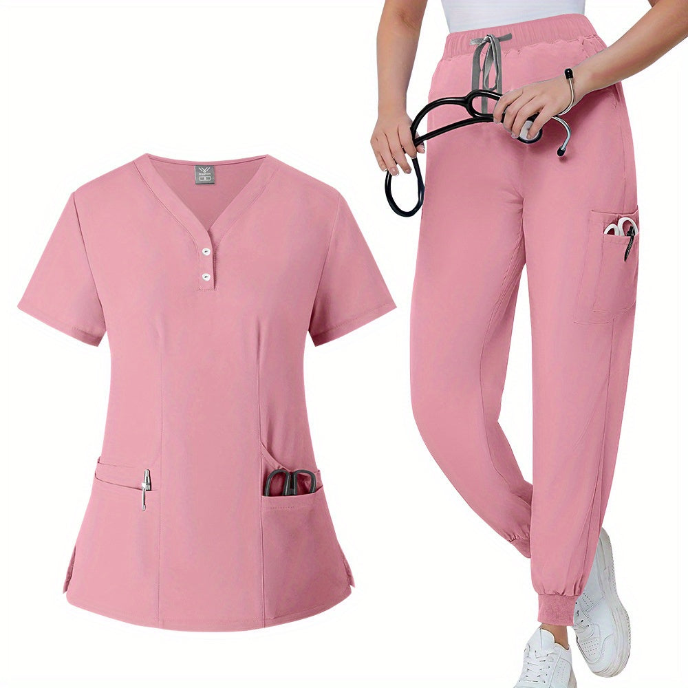 Men & Women's Quick-Dry V-Neck Woven Polyester Scrub Set with Elastic Waist and Patch Pockets MyFave Boutique