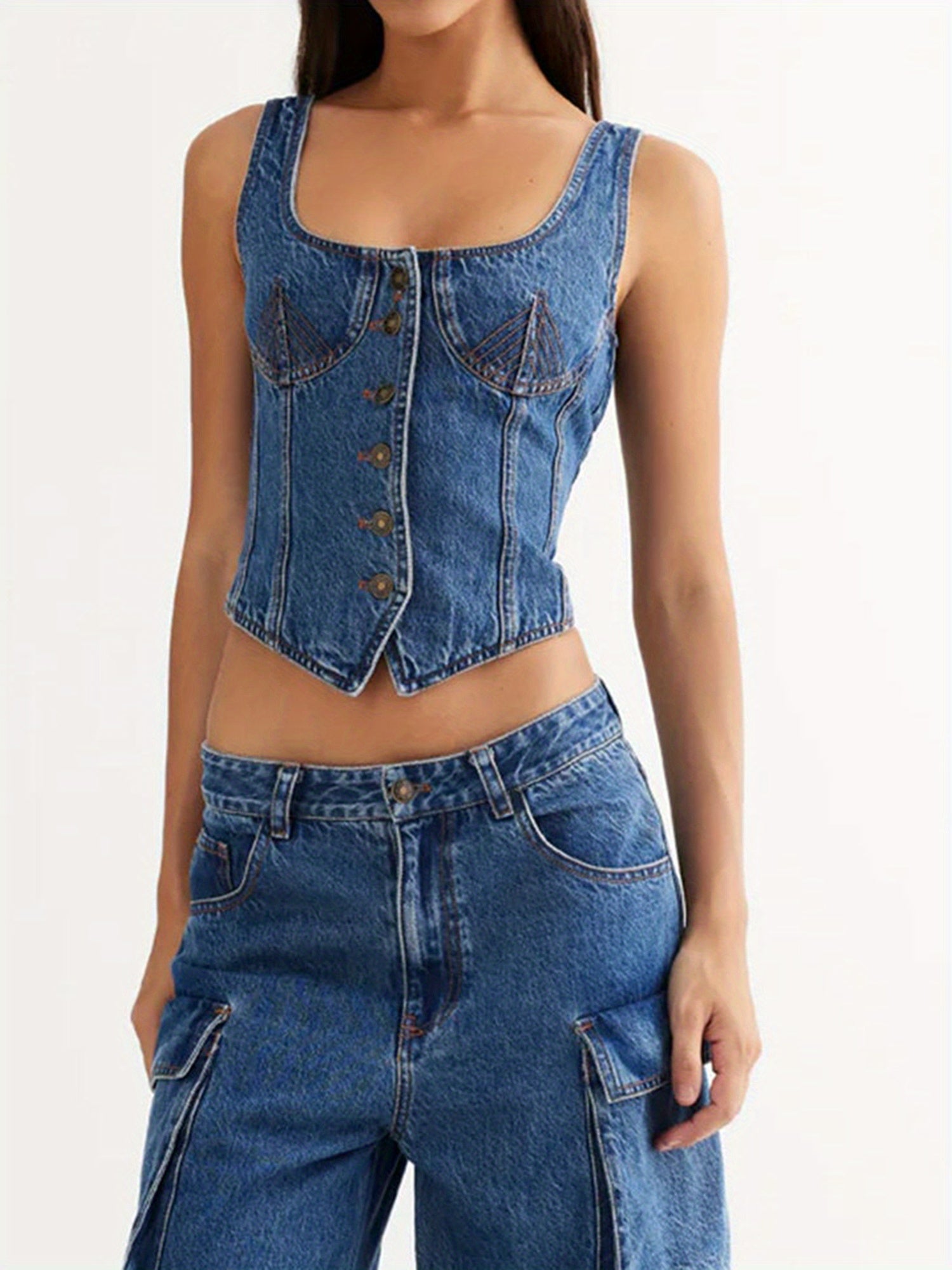 Women Denim Vest Deep V Neck Tie Up Front Sleeveless Jean Tank Top Low Cut Tight Fit Fashion Cropped Vest MyFave Boutique