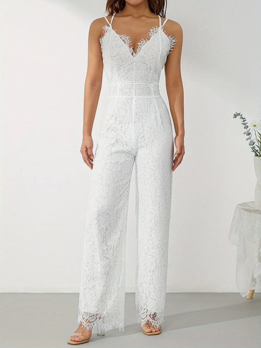 Contrast Lace Spaghetti Straps Jumpsuit - Elegant Slim Sleeveless Bodycon Jumpsuit for Spring & Summer - Women's Clothing MyFave Boutique