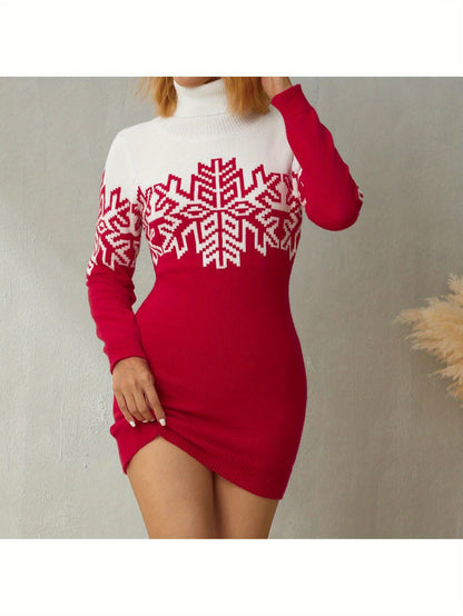 Family Matching Christmas Sweater Snowflake Print Contrast Color Turtleneck Long Sleeve Knitted Pullovers MyFave Boutique