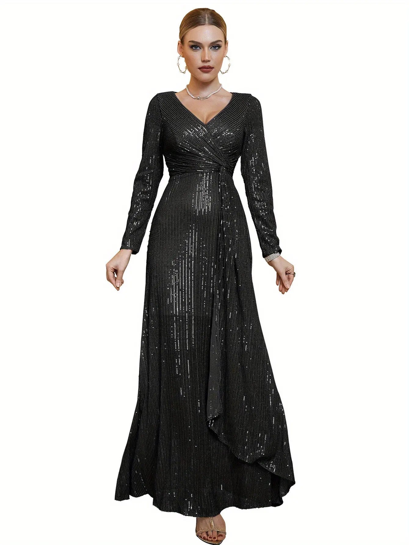 Long Sleeve Sequin Dress for Women Formal Gowns Sparkly V Neck Maxi Dress MyFave Boutique