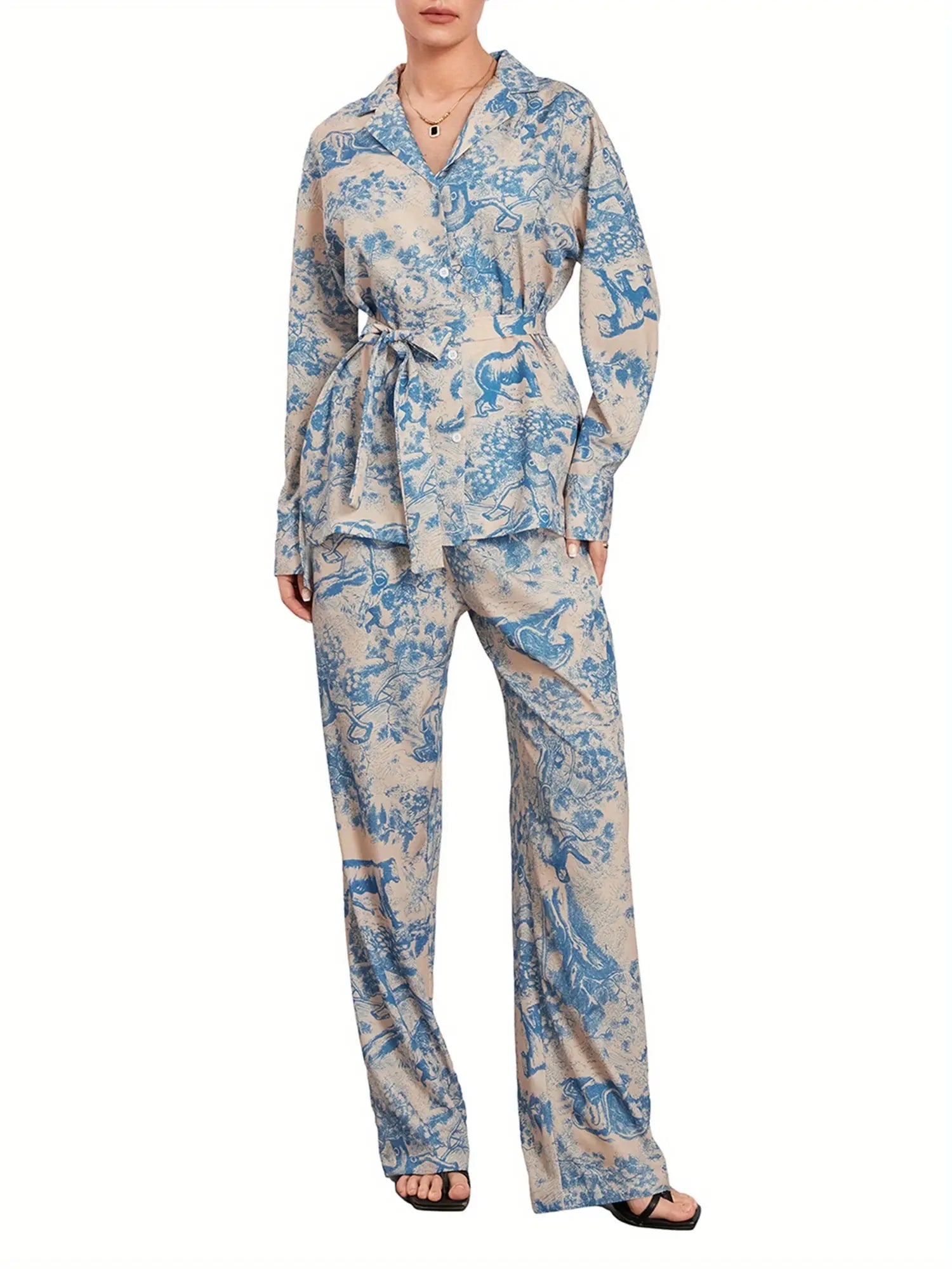 Stylish Women's Pants Suit: Long Sleeve Shirt, Wide Leg Pants, and Belt - Perfect for Office or Loungewear MyFave Boutique