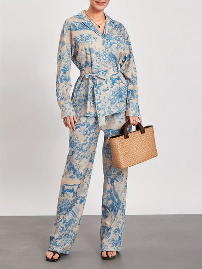 Stylish Women's Pants Suit: Long Sleeve Shirt, Wide Leg Pants, and Belt - Perfect for Office or Loungewear MyFave Boutique