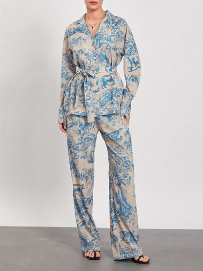 Stylish Women's Pants Suit: Long Sleeve Shirt, Wide Leg Pants, and Belt - Perfect for Office or Loungewear MyFave Boutique