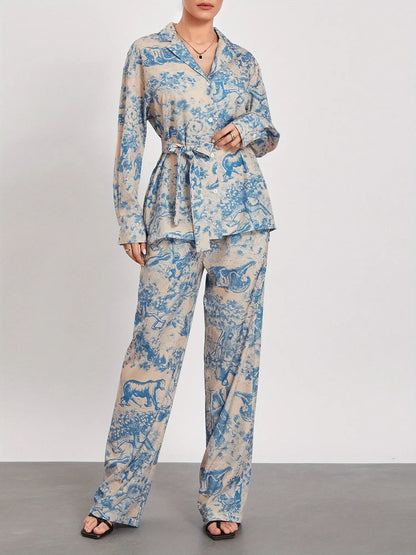 Stylish Women's Pants Suit: Long Sleeve Shirt, Wide Leg Pants, and Belt - Perfect for Office or Loungewear MyFave Boutique