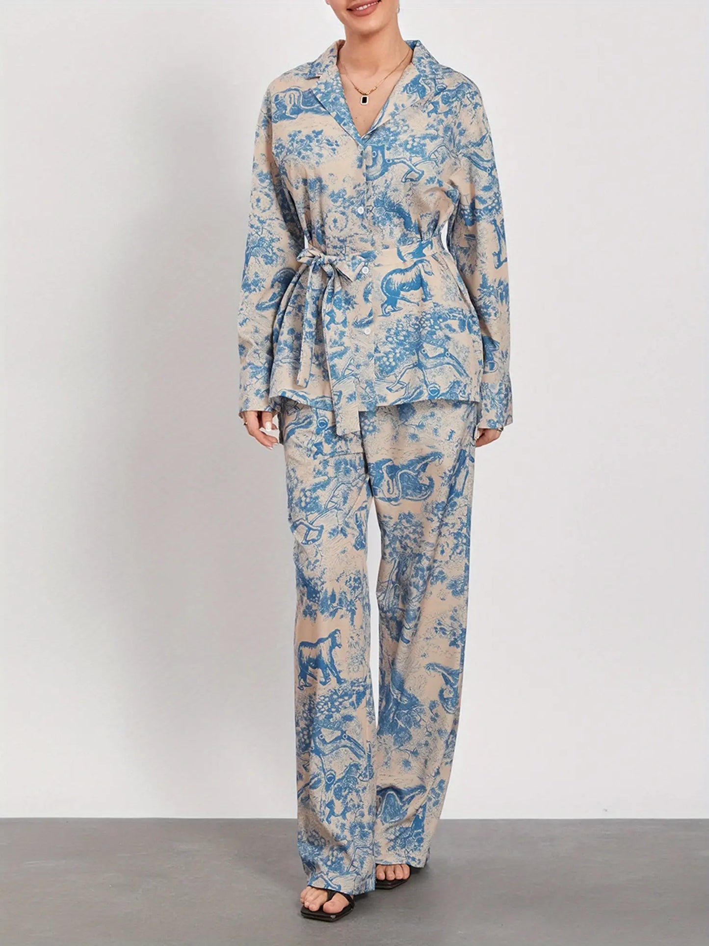 Stylish Women's Pants Suit: Long Sleeve Shirt, Wide Leg Pants, and Belt - Perfect for Office or Loungewear MyFave Boutique