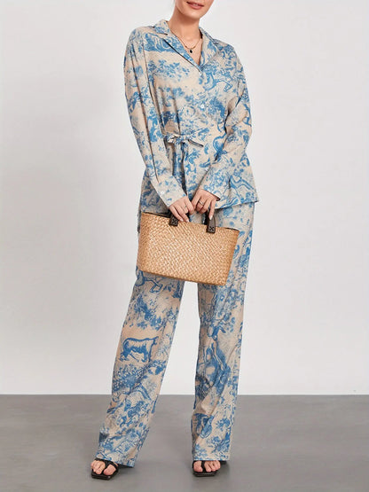 Stylish Women's Pants Suit: Long Sleeve Shirt, Wide Leg Pants, and Belt - Perfect for Office or Loungewear MyFave Boutique