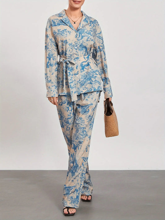 Stylish Women's Pants Suit: Long Sleeve Shirt, Wide Leg Pants, and Belt - Perfect for Office or Loungewear MyFave Boutique