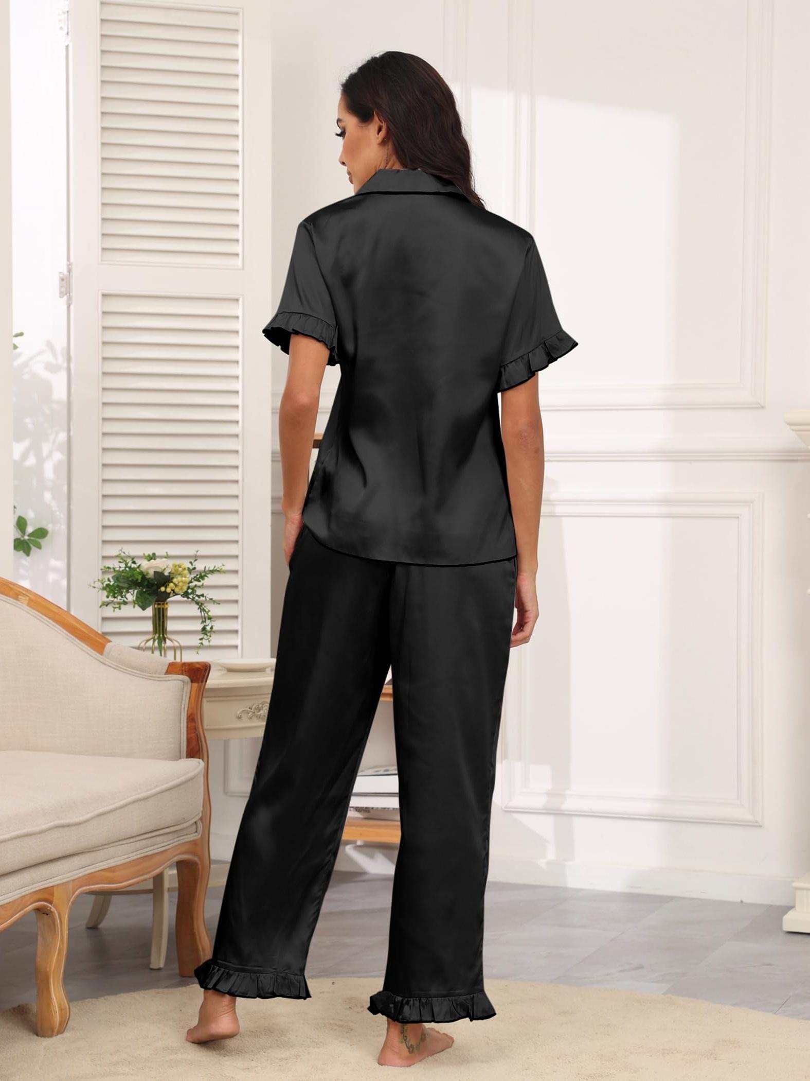 Women's Elegant Solid Satin Ruffle Hem Pajama Set, Short Sleeve Button-Down Lapel Collar Top & Pants MyFave Boutique