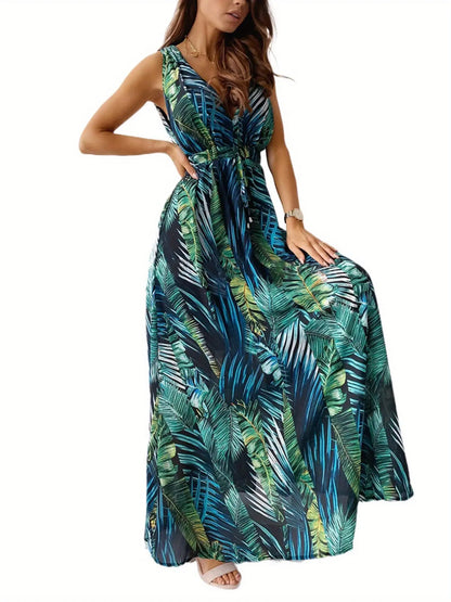 Women Beach Dress V-Neck Boho Print Tie Back Flowy Dress Flutter  Flutter Swing Maxi Tropical Vacation Outfits MyFave Boutique