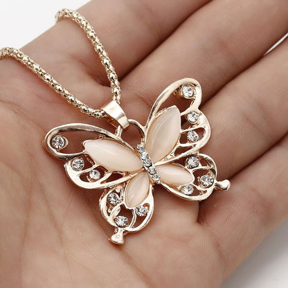 Rose Golden Color Opal Butterfly Pendant Necklace Animal Design Sweater Chain Long Necklace For Women Jewelry MyFave Boutique