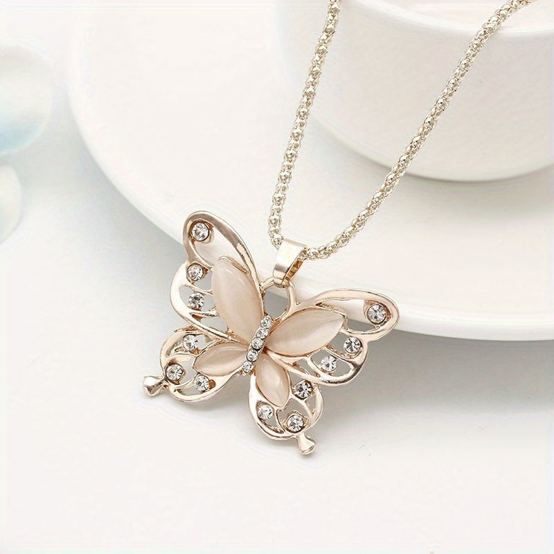 Rose Golden Color Opal Butterfly Pendant Necklace Animal Design Sweater Chain Long Necklace For Women Jewelry MyFave Boutique