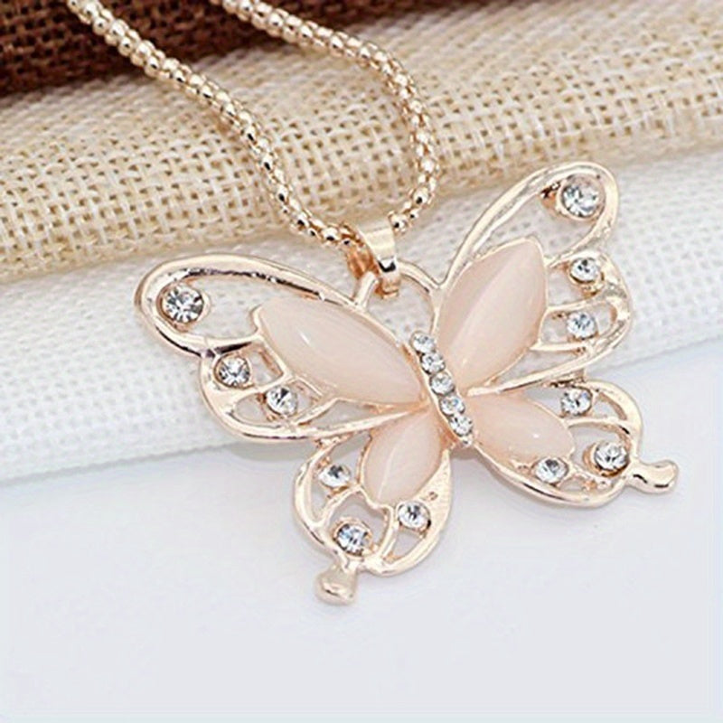 Rose Golden Color Opal Butterfly Pendant Necklace Animal Design Sweater Chain Long Necklace For Women Jewelry MyFave Boutique