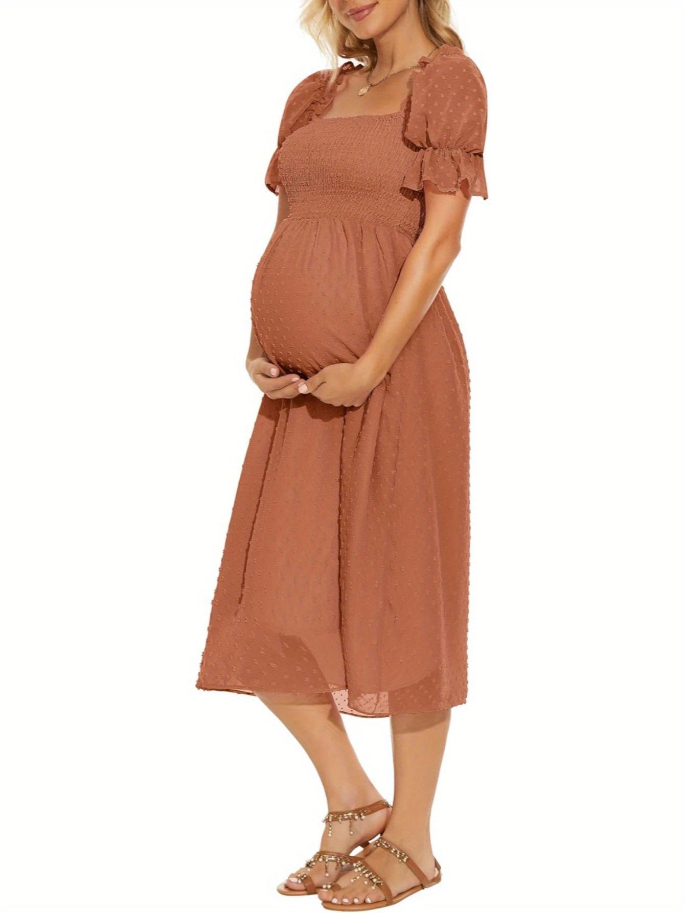 Swiss Dot Puff Sleeve Maternity Dress, Square Neck Flowy Maternity Midi Dress Baby Shower MyFave Boutique