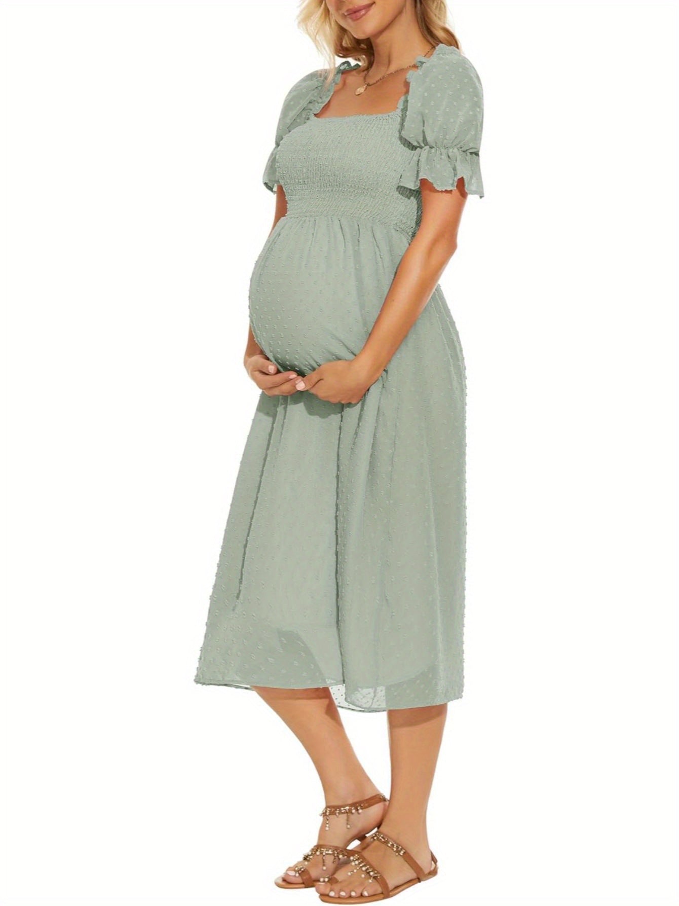 Swiss Dot Puff Sleeve Maternity Dress, Square Neck Flowy Maternity Midi Dress Baby Shower MyFave Boutique