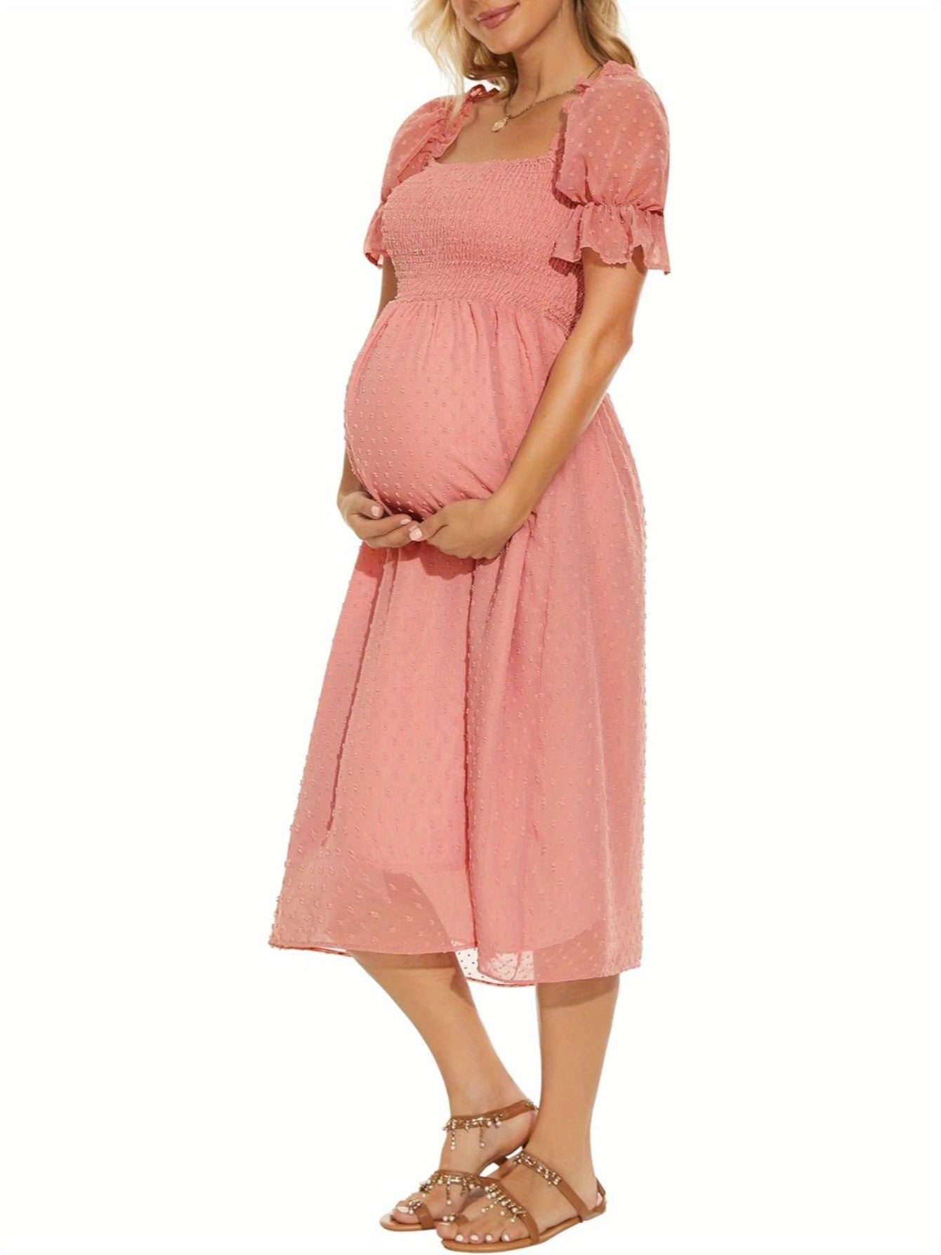 Swiss Dot Puff Sleeve Maternity Dress, Square Neck Flowy Maternity Midi Dress Baby Shower MyFave Boutique