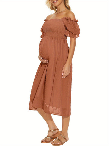 Swiss Dot Puff Sleeve Maternity Dress, Square Neck Flowy Maternity Midi Dress Baby Shower MyFave Boutique