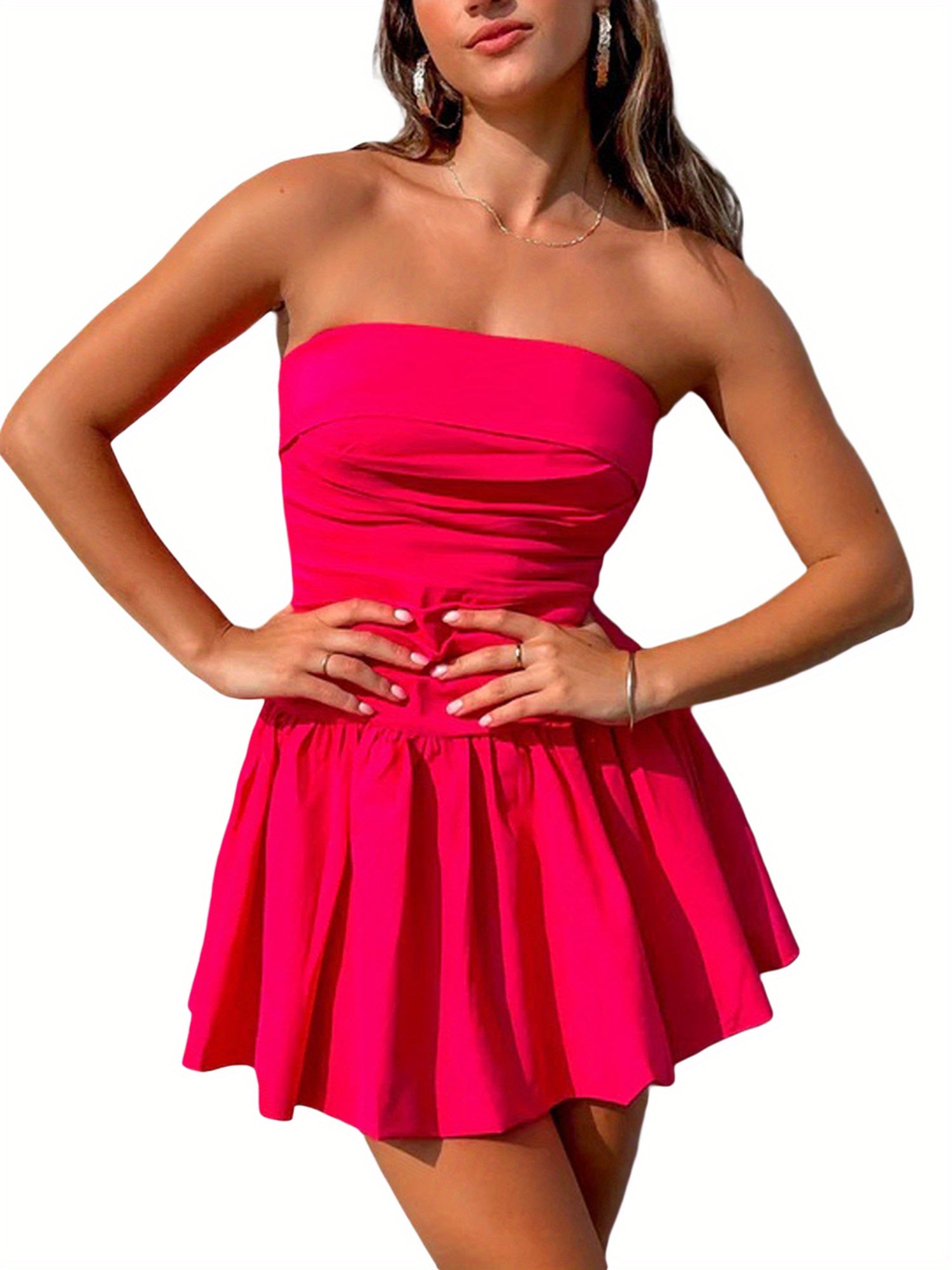 Solid Color Ruffle Hem Tube Dress, Elegant Ruched Strapless Strapless Slim Dress For Spring & Summer, Women's Clothing MyFave Boutique