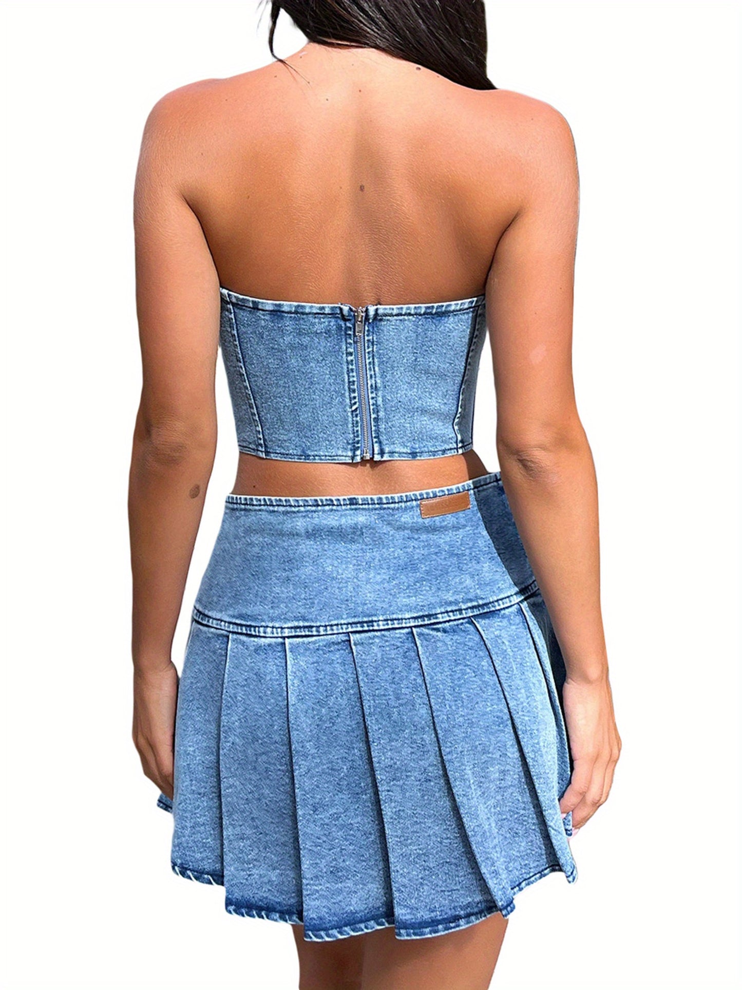 Women's Summer 2 Piece Set Outfit, Plain Washed Blue Zipper Back Bandeau & High Rise Pleated Mini Denim Skirt MyFave Boutique