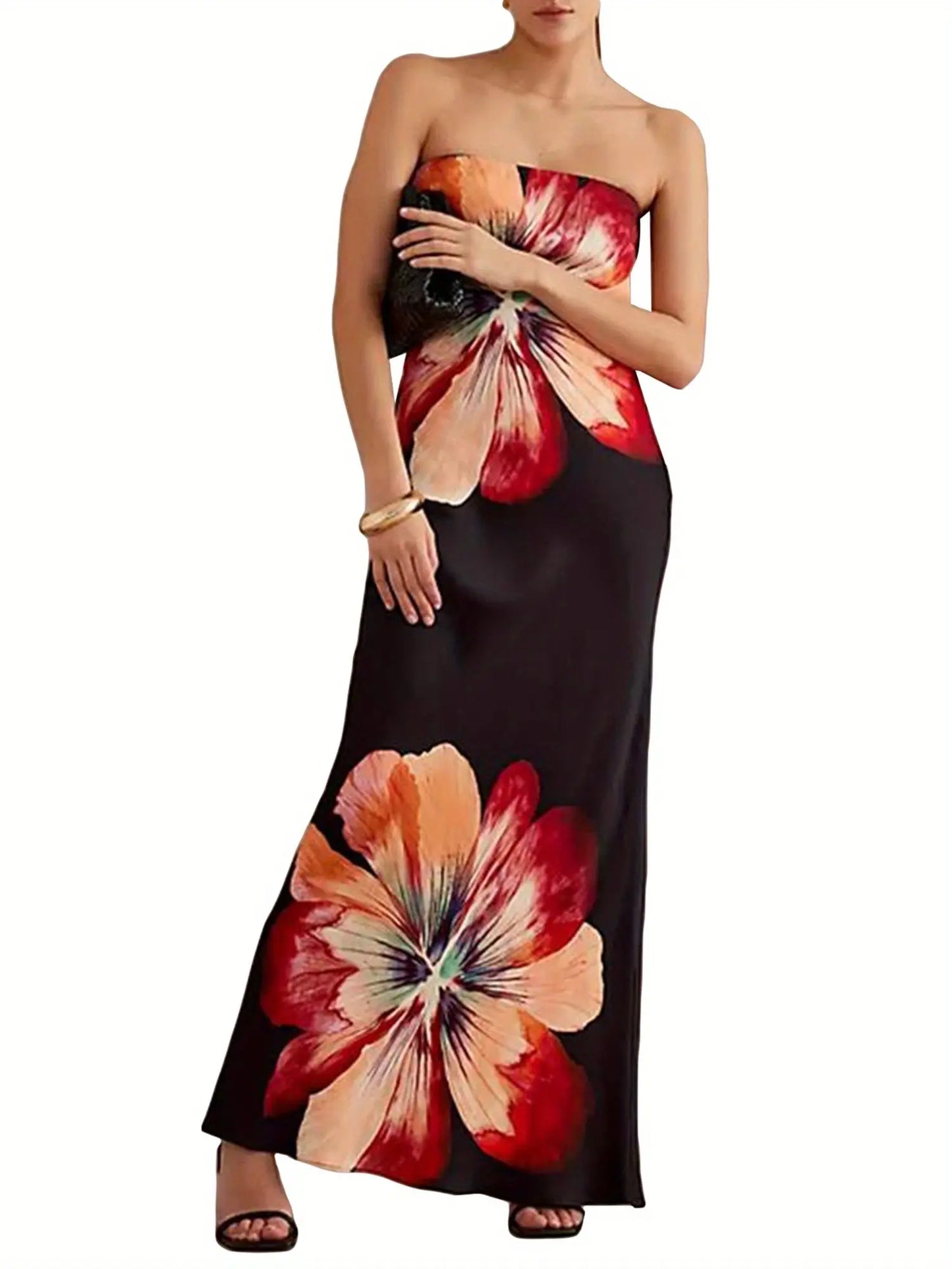 Floral Print Backless Maxi Tube Dress, Elegant Sleeveless Strapless Dress For Spring & Summer, Women's Clothing MyFave Boutique