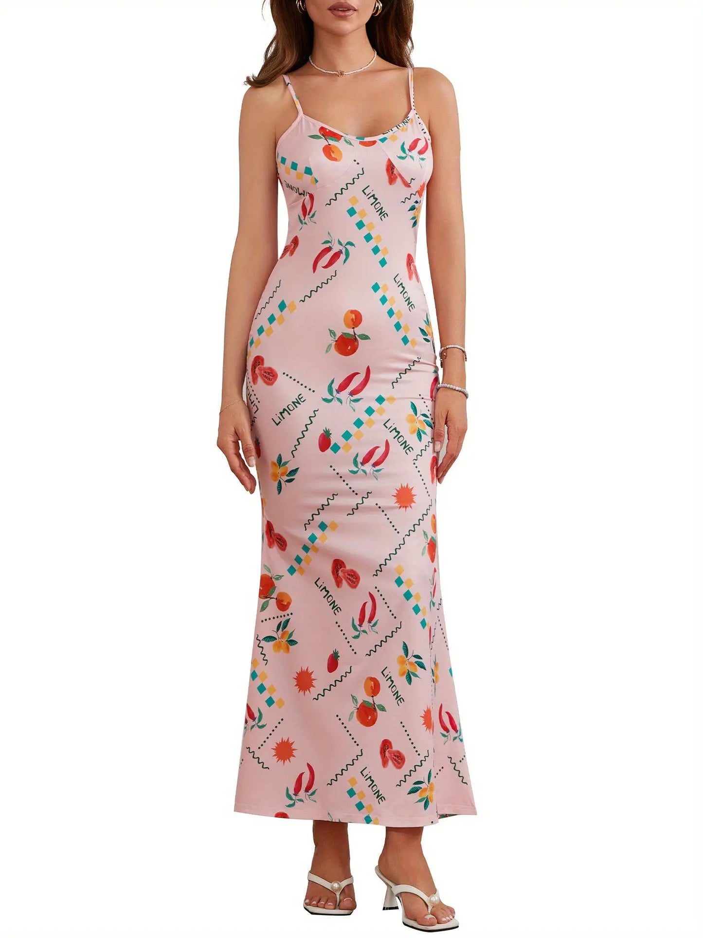 Women's Sleeveless Fruit Print V-Neck Long Dress for Summer Vacation, Casual, Cocktail, Beach Party, Streetwear MyFave Boutique