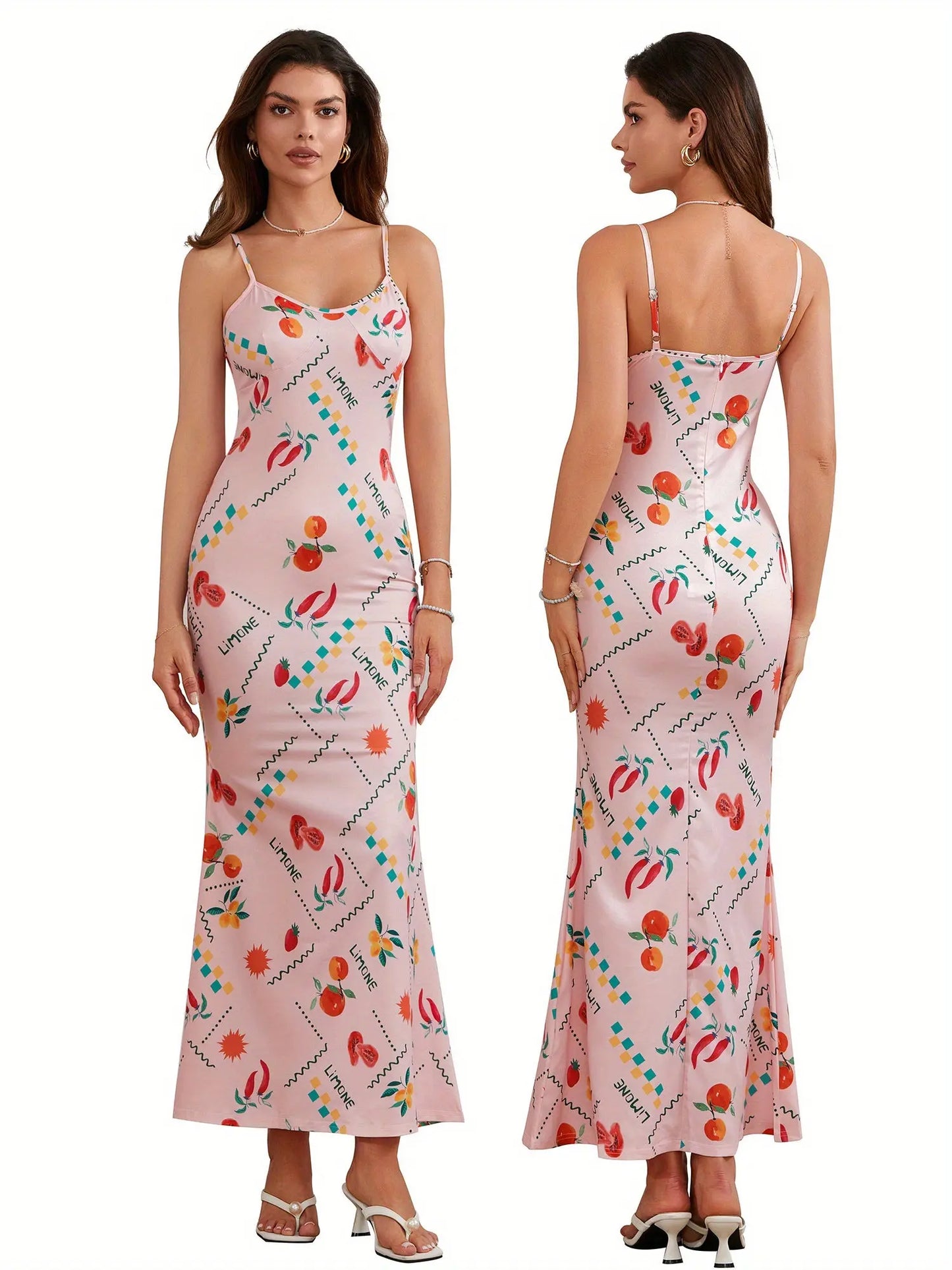 Women's Sleeveless Fruit Print V-Neck Long Dress for Summer Vacation, Casual, Cocktail, Beach Party, Streetwear MyFave Boutique