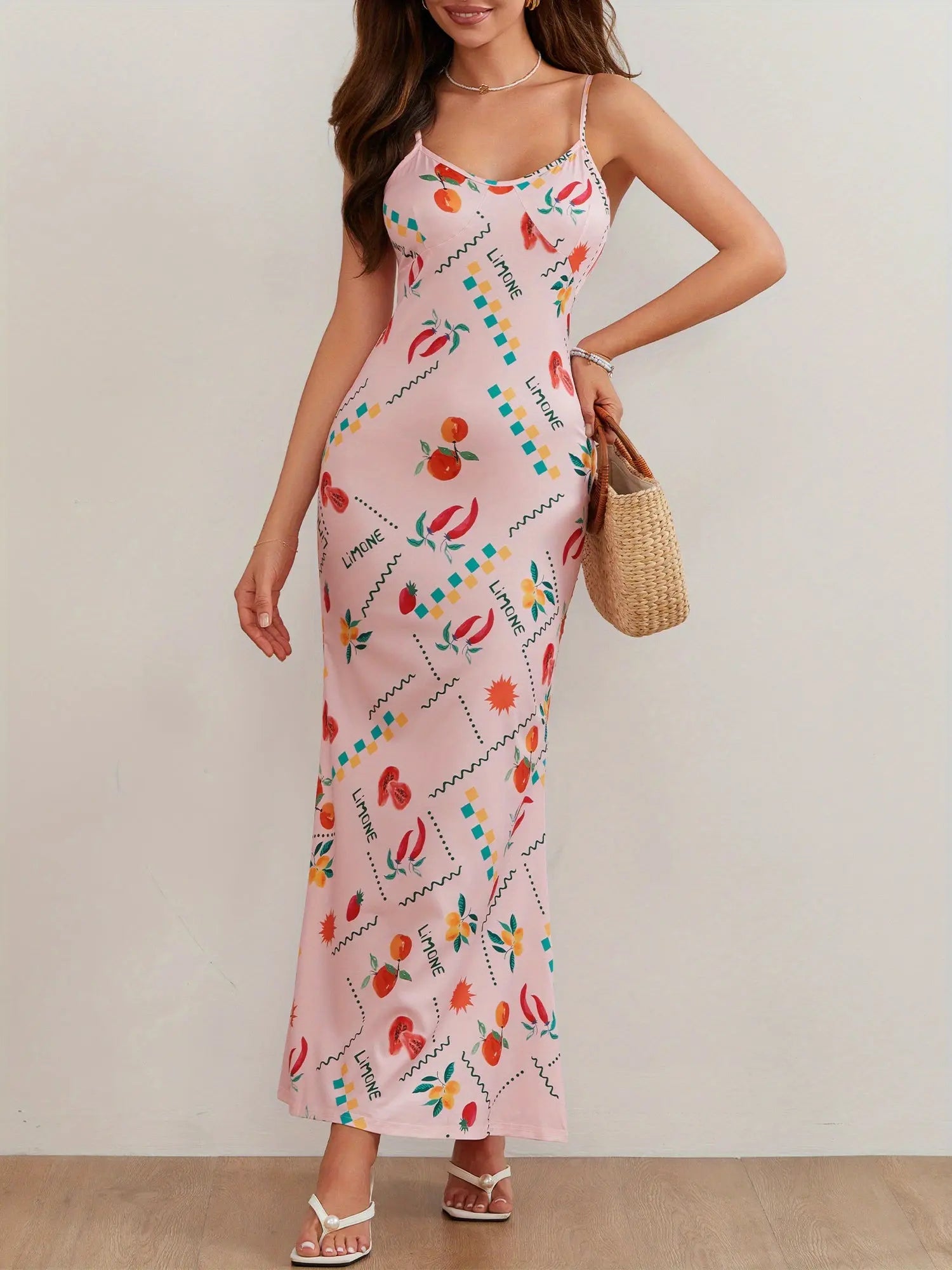 Women's Sleeveless Fruit Print V-Neck Long Dress for Summer Vacation, Casual, Cocktail, Beach Party, Streetwear MyFave Boutique