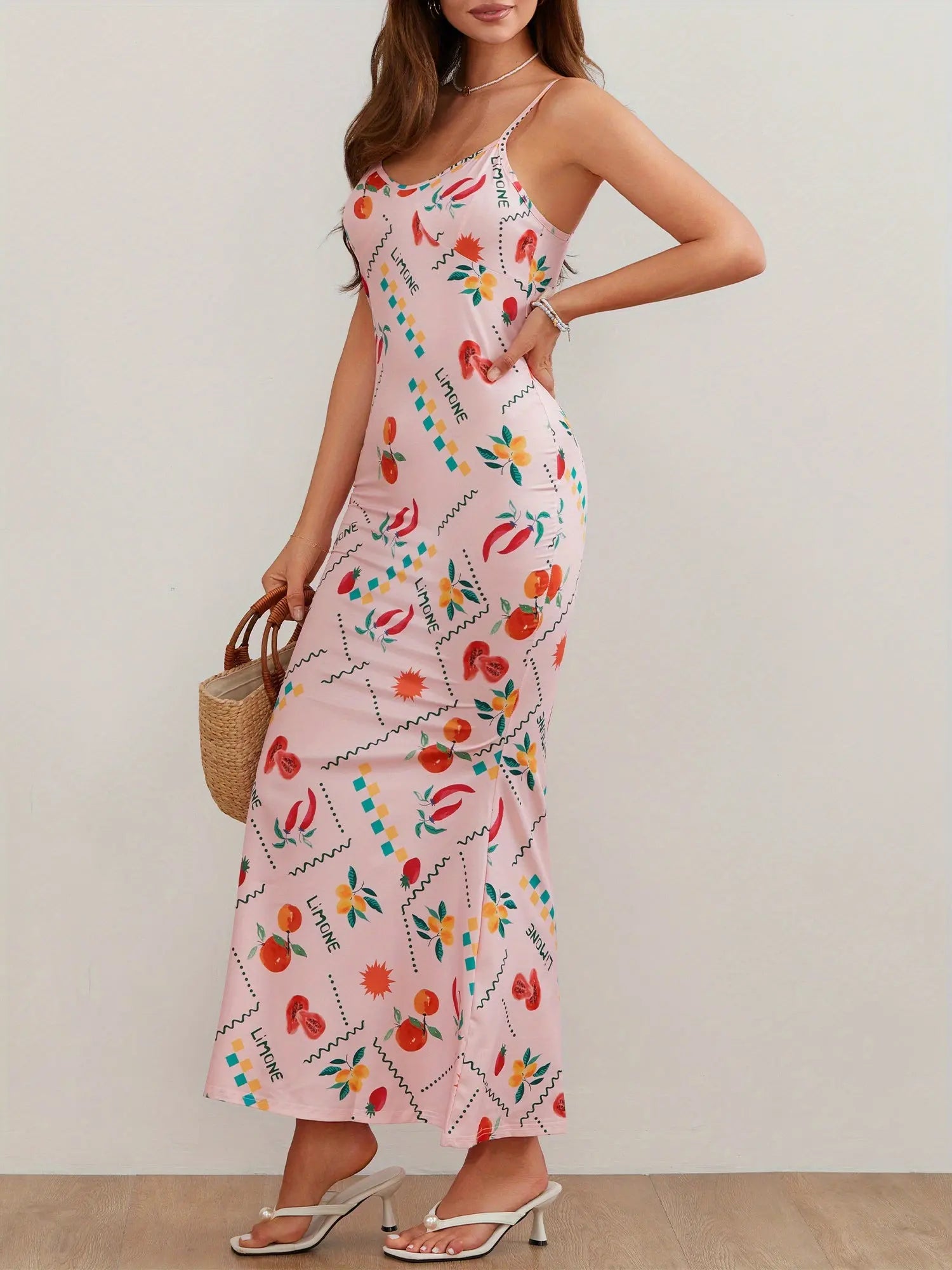 Women's Sleeveless Fruit Print V-Neck Long Dress for Summer Vacation, Casual, Cocktail, Beach Party, Streetwear MyFave Boutique