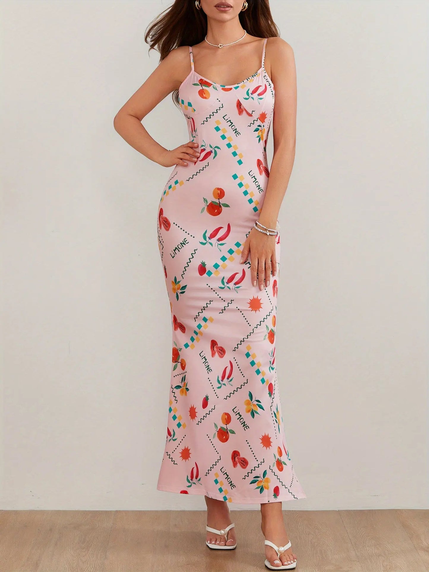 Women's Sleeveless Fruit Print V-Neck Long Dress for Summer Vacation, Casual, Cocktail, Beach Party, Streetwear MyFave Boutique