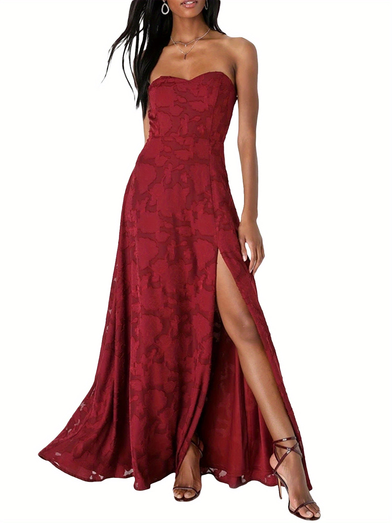 Women's Floral Jacquard Hollow Out Strapless Dress - Fashionable and Elegant Long A-Line Party Dress for Cocktail Parties, Beach and Street Wear MyFave Boutique