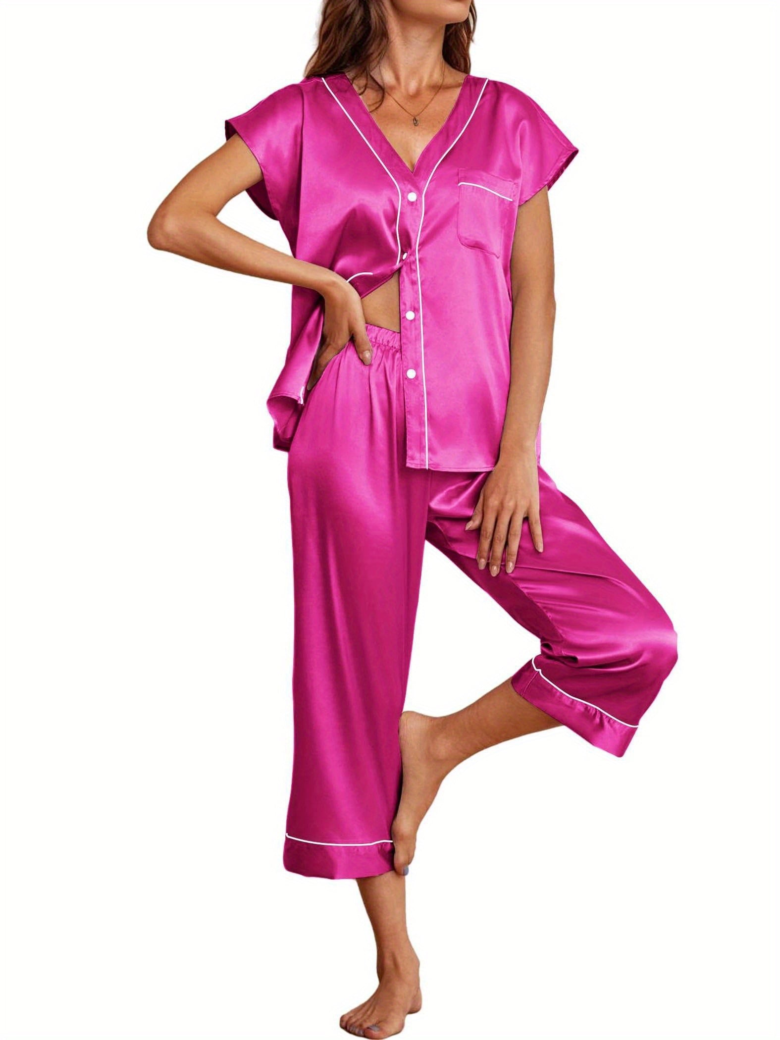 2024Satin Pajama Set Womens Short Sleeve V Neck Shirt with Capri Pants Button Down PJs Soft Silky Loungewear MyFave Boutique