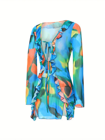 Women Mini Dress Long Sleeve Lacing Tie-dye Print Patchwork Slit Bodycon Dress for Club Party MyFave Boutique