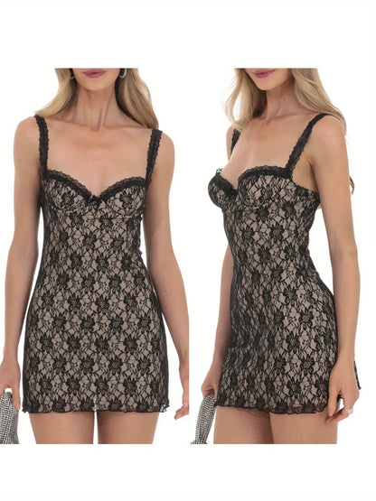 Women's Lace Sweetheart Neck Sleeveless Mini Dress - Slim Fit Night Out Tank Dress MyFave Boutique