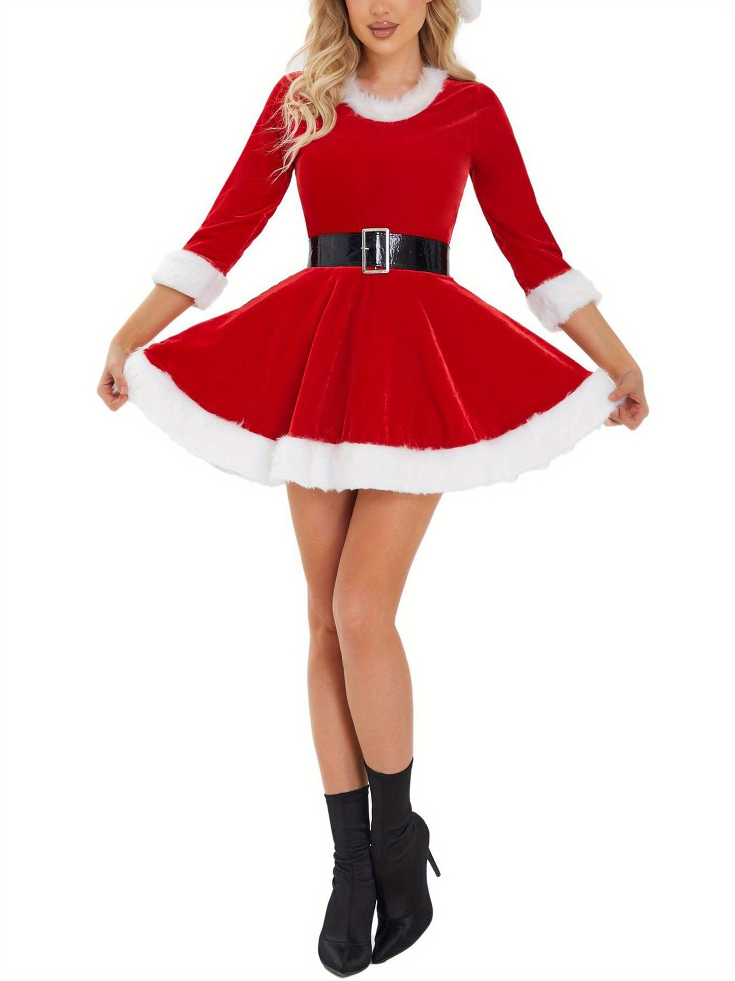 Women Christmas Dress Santa Cosplay Dress Plush Trim Velvet Round Neck 3/4 Sleeve Belt Dress with Hat Costume MyFave Boutique