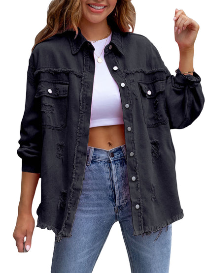 Women's Ripped Distressed Denim Jacket Long Sleeve Button Down Boyfriend Jean Coat Trucker Jacket MyFave Boutique