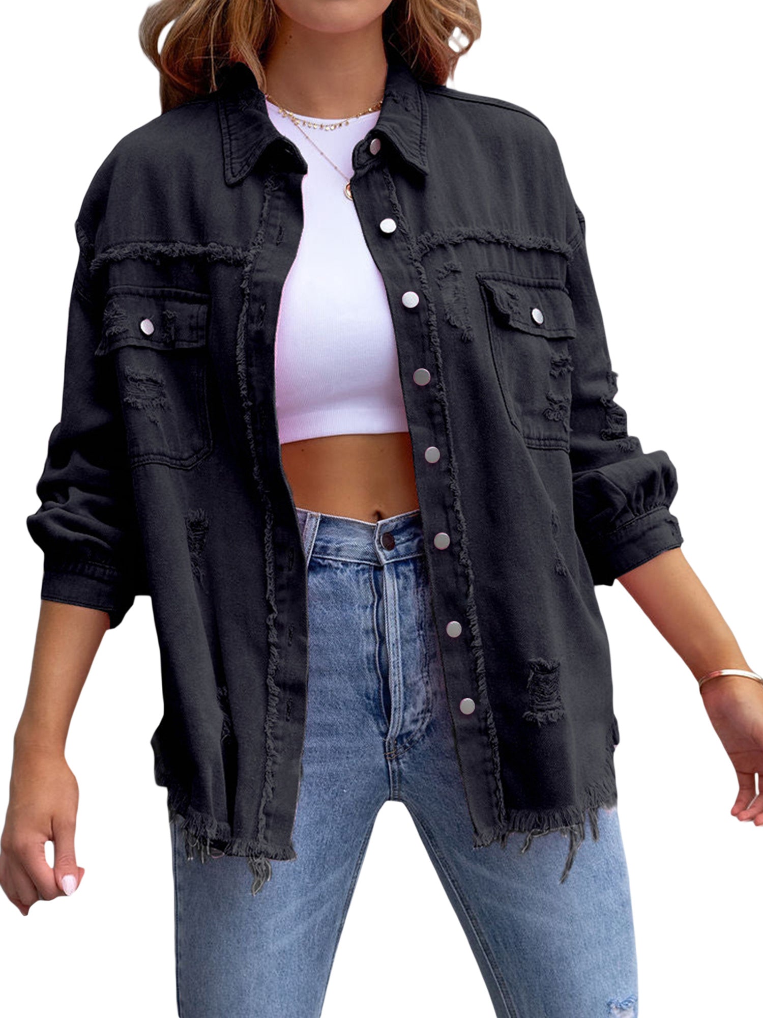 Women's Ripped Distressed Denim Jacket Long Sleeve Button Down Boyfriend Jean Coat Trucker Jacket MyFave Boutique