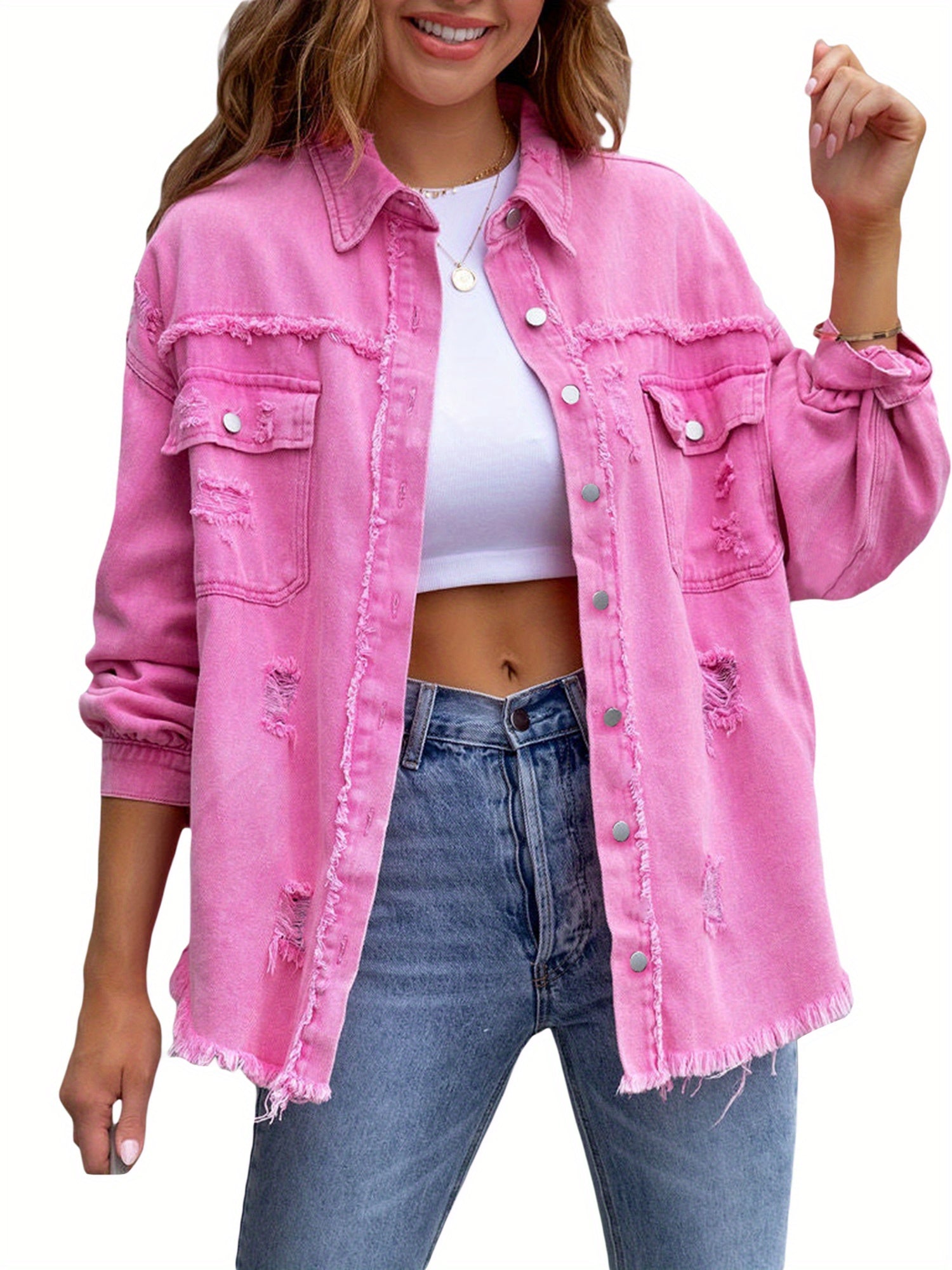 Women's Ripped Distressed Denim Jacket Long Sleeve Button Down Boyfriend Jean Coat Trucker Jacket MyFave Boutique