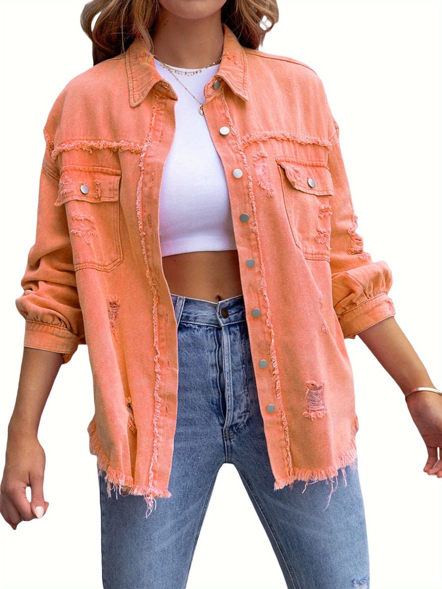 Women's Ripped Distressed Denim Jacket Long Sleeve Button Down Boyfriend Jean Coat Trucker Jacket MyFave Boutique