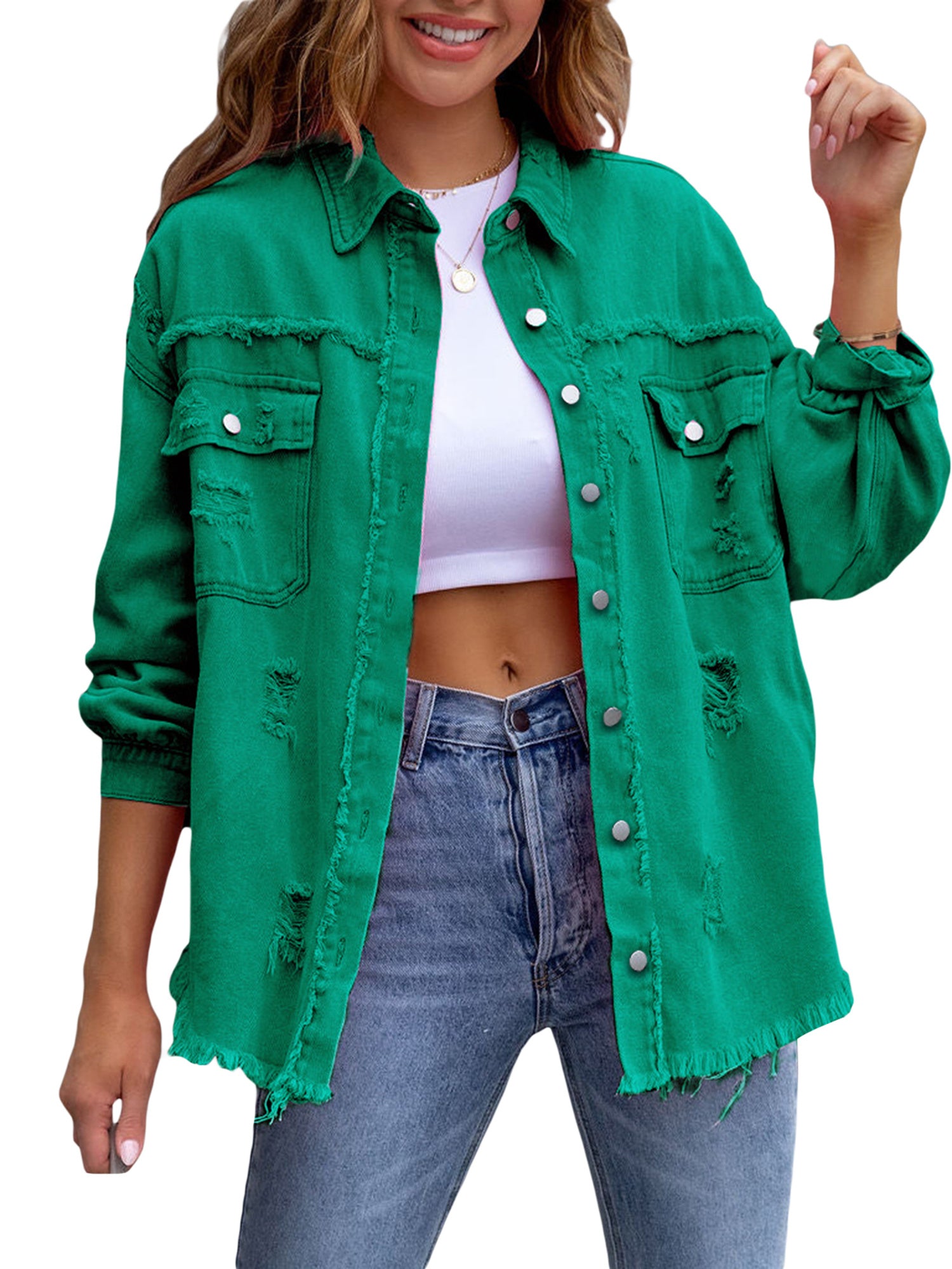 Solid Color Button Front Jacket, Casual Lapel Neck Flap Pockets Raw Hem Long Sleeve Jacket For Spring & Fall, Women's Clothing MyFave Boutique