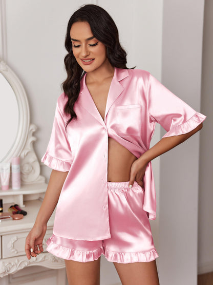 women summer lingerie  women pajamas  women set silk pajamas for women Women'sOutfits Lounge Sets Ruched Short Sleeve Tops  High Waisted Leg Pants Tracksuit Sets Womens Satin Pajamas Set Button Down Silk 2 Piece  Sets Ruffled Short Sleeve Sleepwear  sets MyFave Boutique