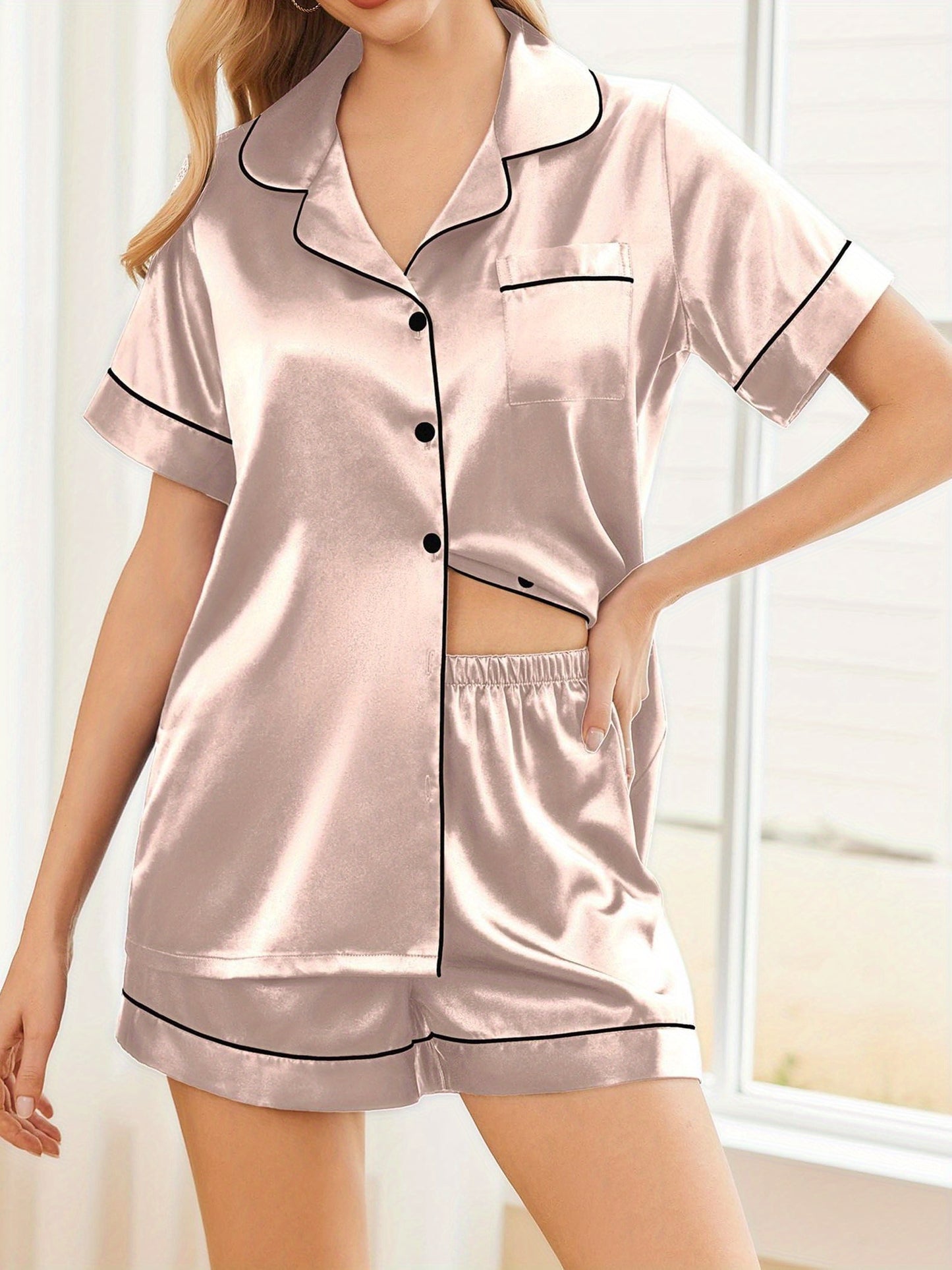 2 Sets Women's Solid Satin Pajamas Set – Short Sleeve Buttons Lapel Top & Elastic Shorts MyFave Boutique