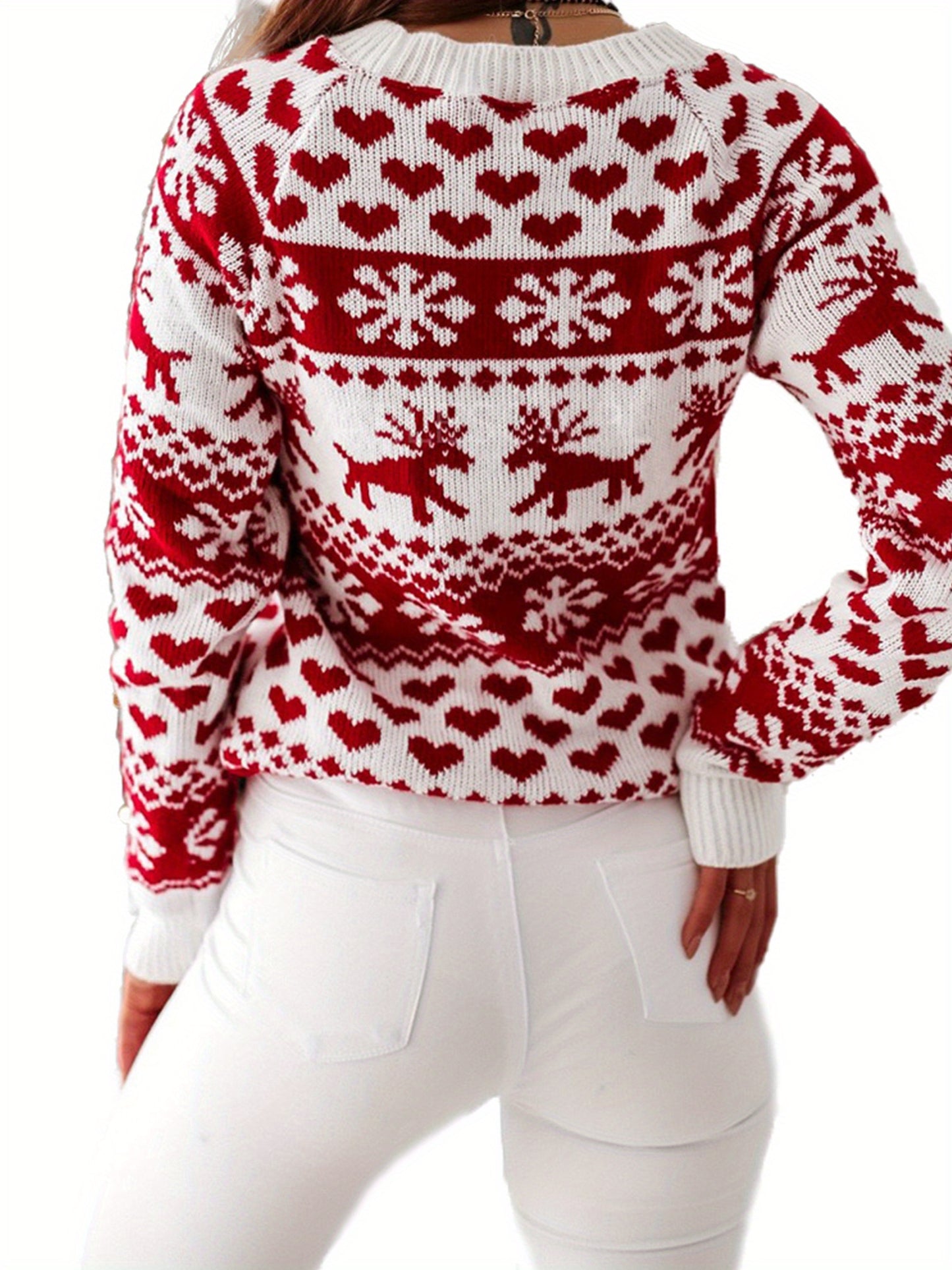 Woman's Christmas Elk Snowflake Print Sweater, Round Neck Long Sleeve Casual Thick Knitted Pullover, Daily Life and Holiday MyFave Boutique