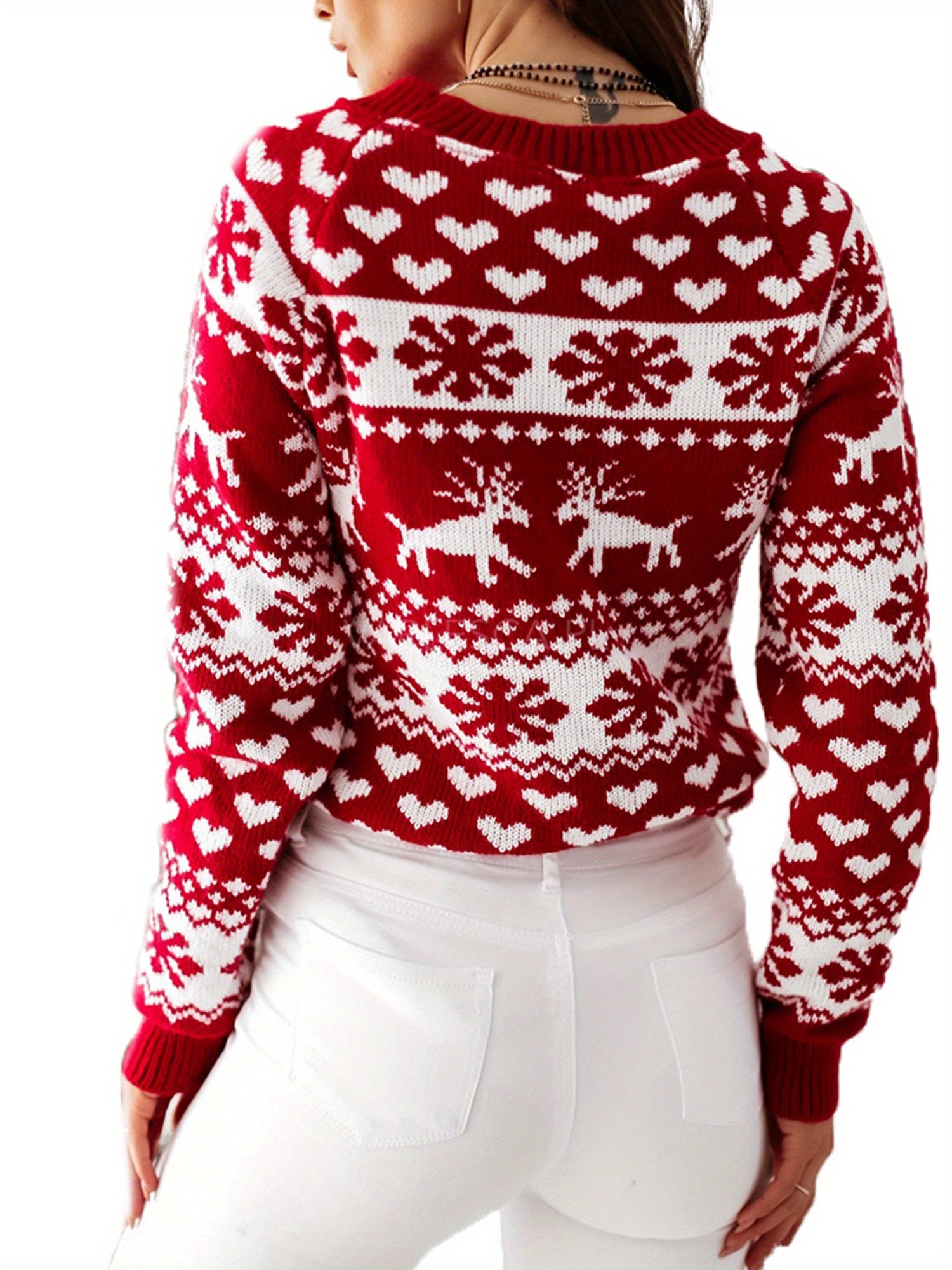 Woman's Christmas Elk Snowflake Print Sweater, Round Neck Long Sleeve Casual Thick Knitted Pullover, Daily Life and Holiday MyFave Boutique