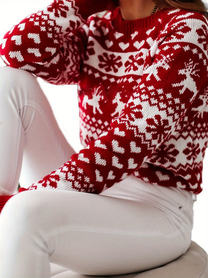 Woman's Christmas Elk Snowflake Print Sweater, Round Neck Long Sleeve Casual Thick Knitted Pullover, Daily Life and Holiday MyFave Boutique