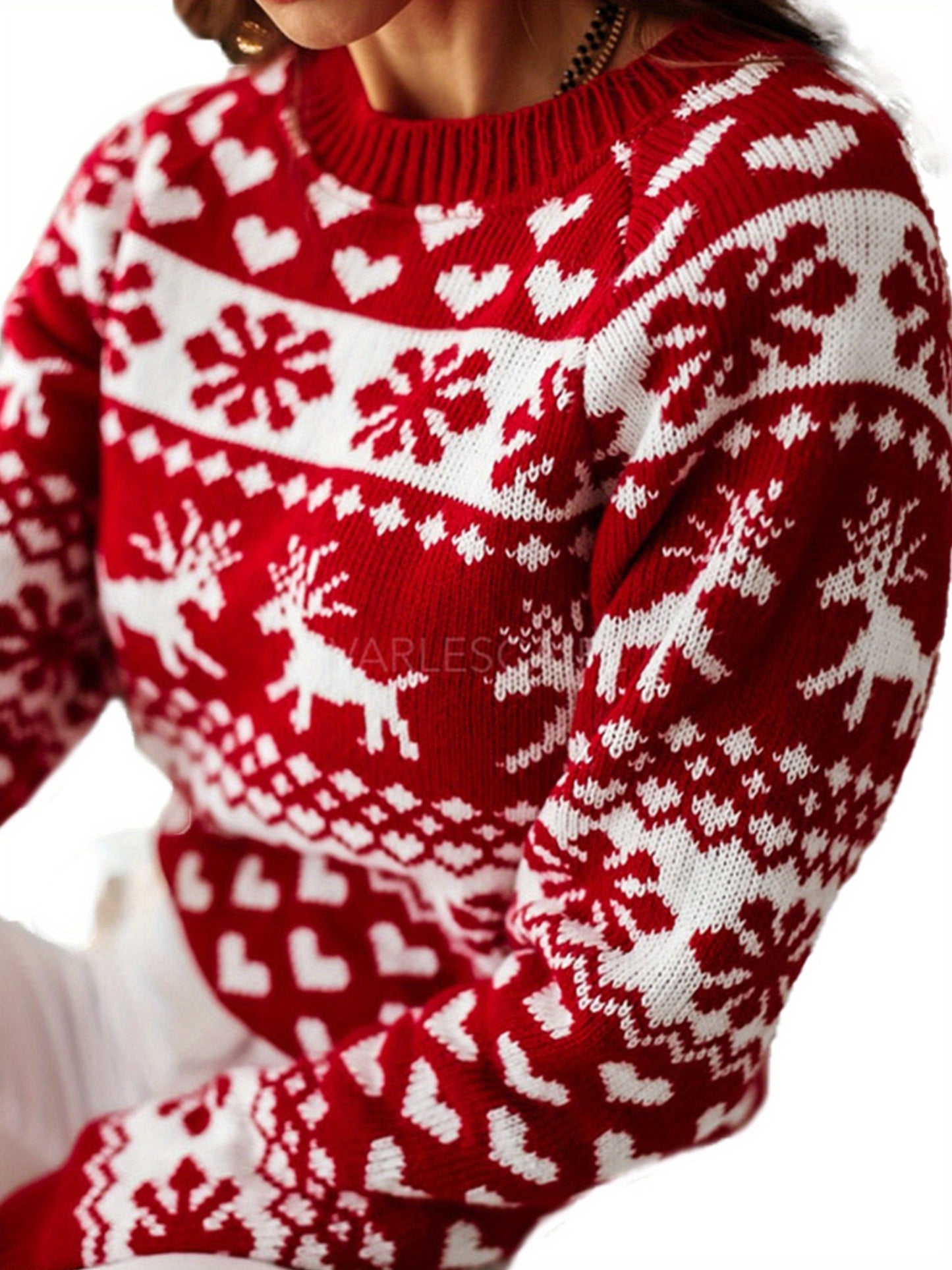 Woman's Christmas Elk Snowflake Print Sweater, Round Neck Long Sleeve Casual Thick Knitted Pullover, Daily Life and Holiday MyFave Boutique