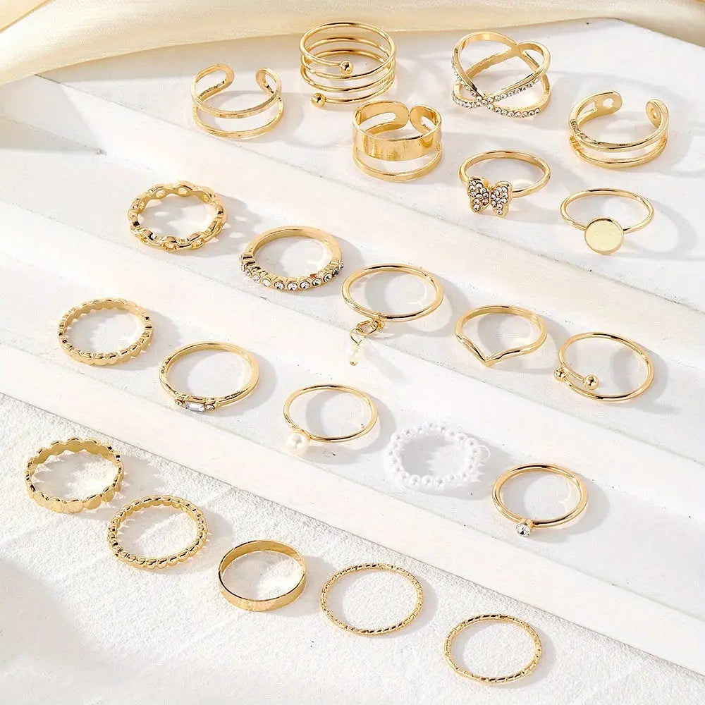 Women's Butterfly Pearl Ring Set - 22 Piece Spring Stacked Rings with Inlaid Globe Design MyFave Boutique