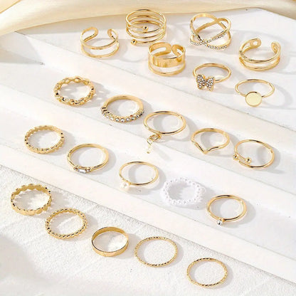 Women's Butterfly Pearl Ring Set - 22 Piece Spring Stacked Rings with Inlaid Globe Design MyFave Boutique