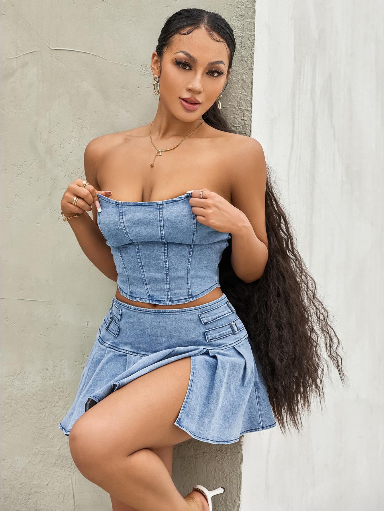 Women's Summer 2 Piece Set Outfit, Plain Washed Blue Zipper Back Bandeau & High Rise Pleated Mini Denim Skirt MyFave Boutique